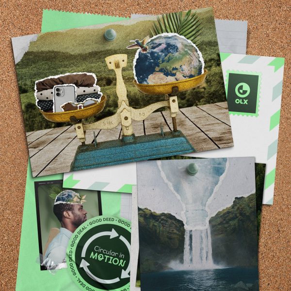 Collage illustrating the OLX Impact Report FY26, with preloved products balanced against the planet and circular economy visuals
