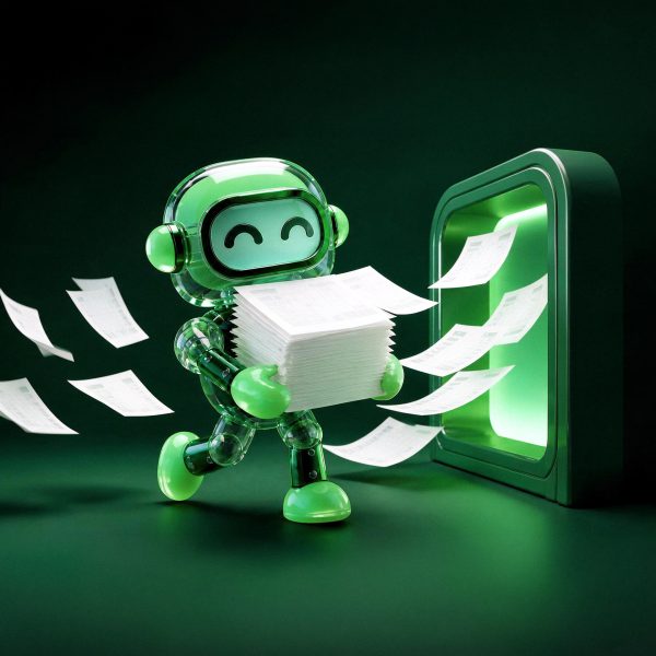 Olly, the OLX GenAI robot, carrying a stack of paperwork towards a green portal as loose sheets follow behind.