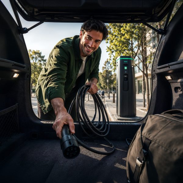 Man taking an EV charging cable from the boot of an electric car, with a public charging station in the background.