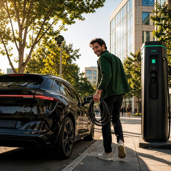 Driver charging a black electric car at a public charging station on a city street.