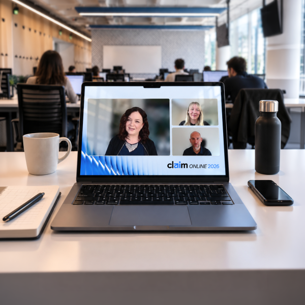 Laptop displaying a panel discussion from CLAIM Online 2026 by OLX Group, featuring three speakers in a modern office setting.