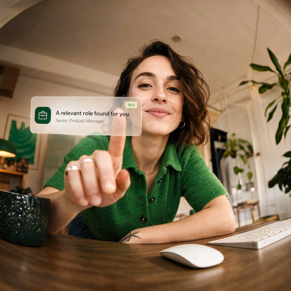 Woman working at her computer and interacting with a digital notification about a relevant job opportunity.